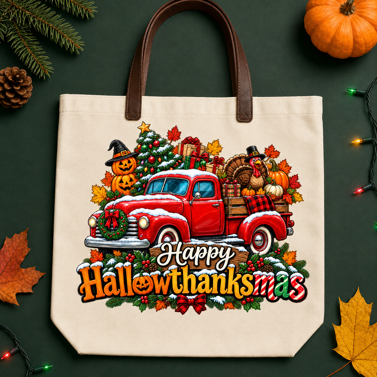 Happy Hallowthanksmas PNG | Red Truck Sublimation Design