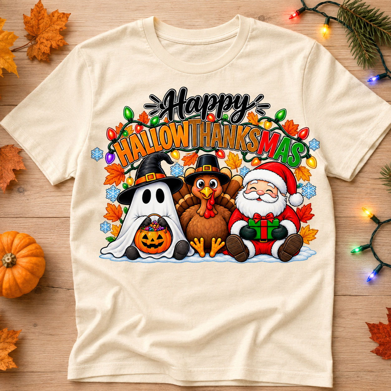 Happy Hallowthanksmas PNG | Ghost Turkey Santa Sitting Sublimation Design