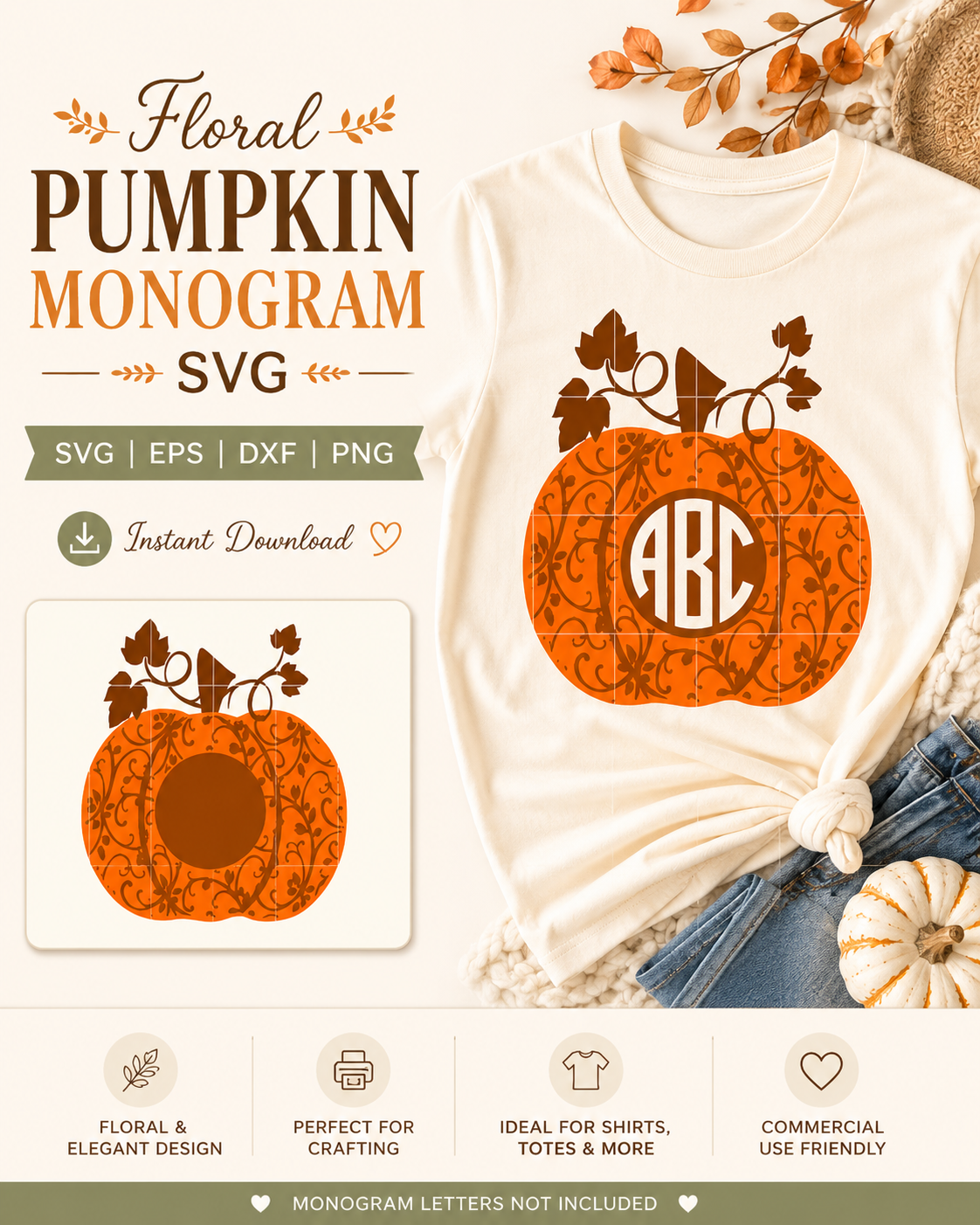 Floral Pumpkin SVG | Round Monogram Frame | Fall & Thanksgiving - JenCraft Designs