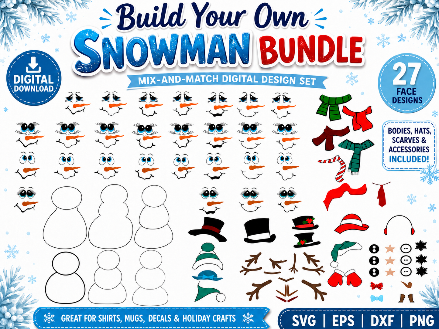 Snowman Faces SVG | Build a Snowman Cut File Bundle SVG DXF PNG EPS