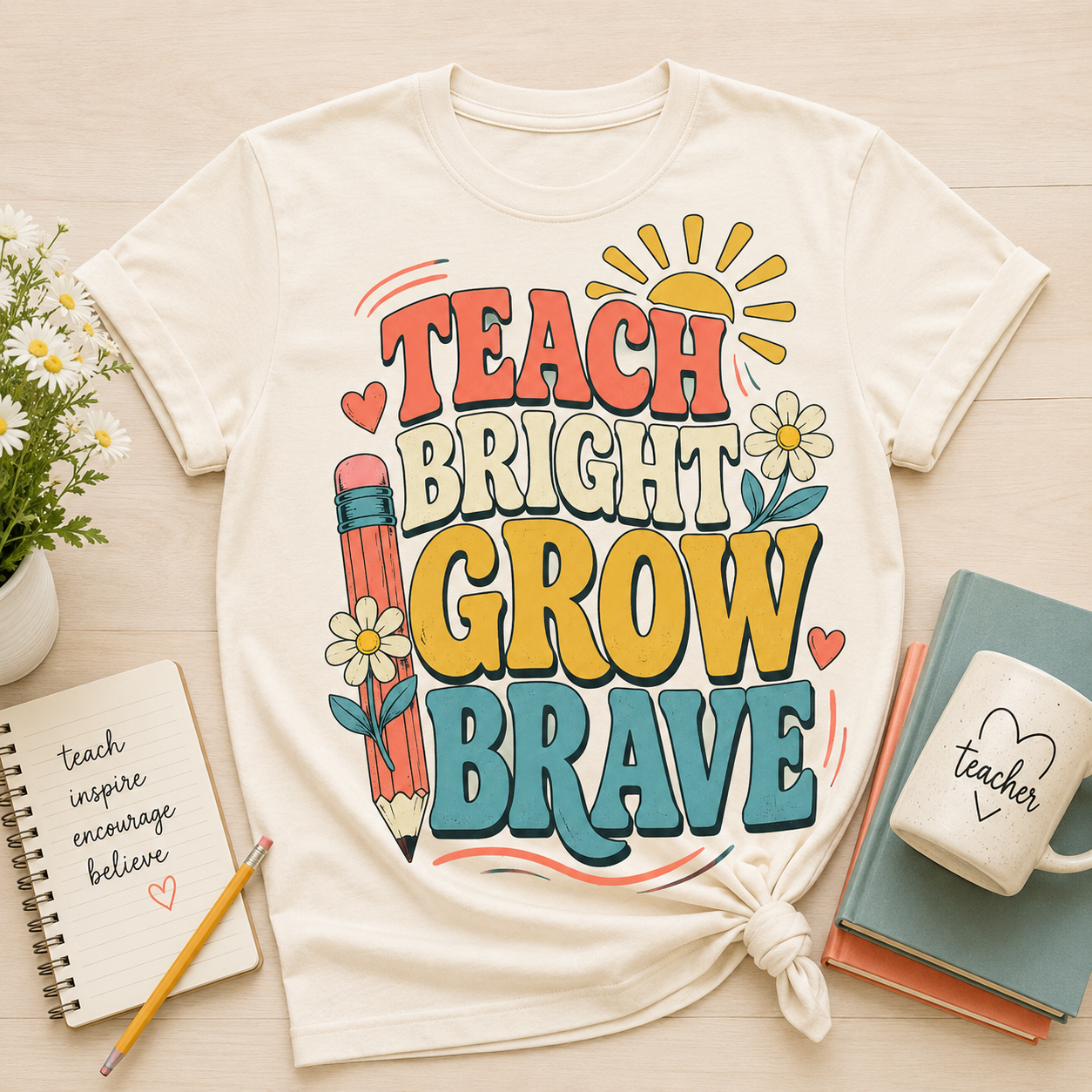 Teach Bright Grow Brave back to school sublimation PNG teacher shirt design – JenCraft Designs digital download