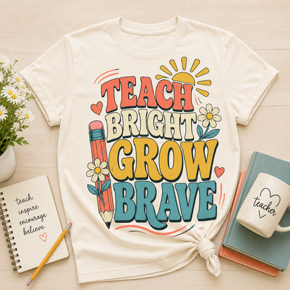 Teach Bright Grow Brave back to school sublimation PNG teacher shirt design – JenCraft Designs digital download