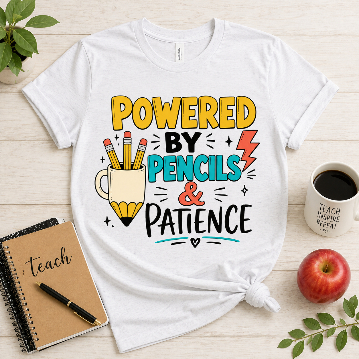 Powered by Pencils and Patience back to school sublimation PNG teacher shirt design – JenCraft Designs digital download