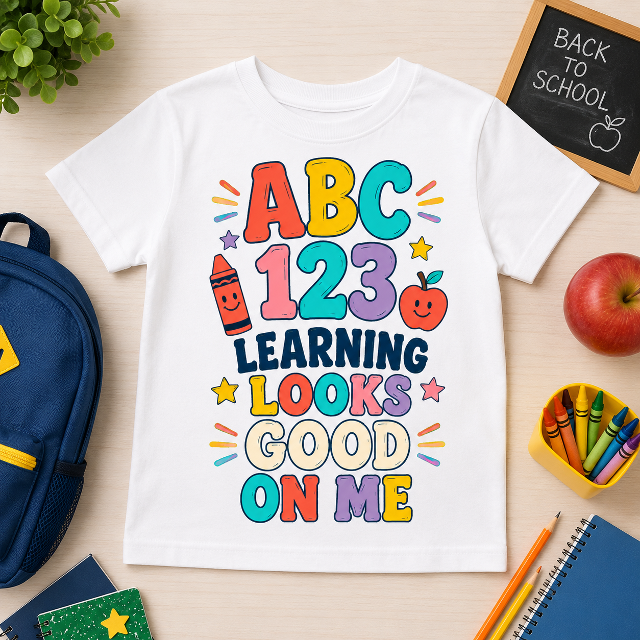 ABC 123 Learning Looks Good on Me back to school sublimation PNG kids shirt design – JenCraft Designs digital download