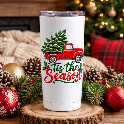 Tis the Season Christmas sublimation PNG tumbler design with red truck – JenCraft Designs digital download