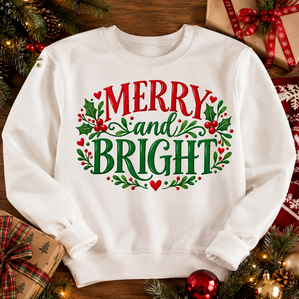 Merry and Bright Christmas sublimation PNG sweatshirt design – JenCraft Designs digital download