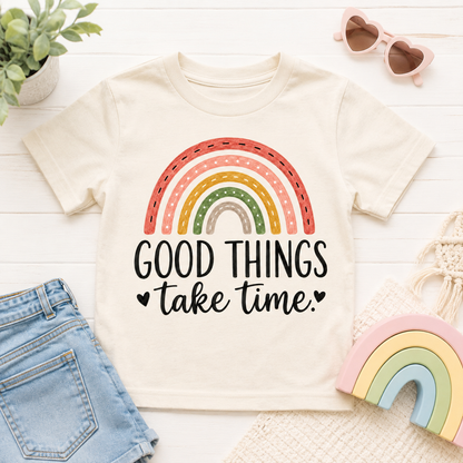 Good Things Take Time boho rainbow inspirational sublimation PNG design on cream shirt – JenCraft Designs digital download