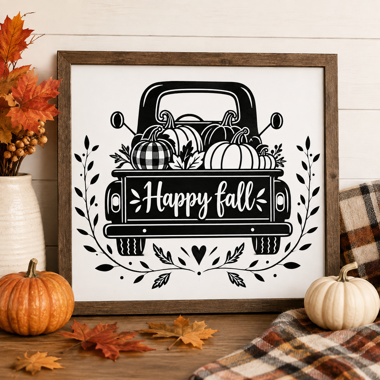 Happy Fall truck with pumpkins sublimation PNG design in black and white farmhouse style – JenCraft Designs digital download