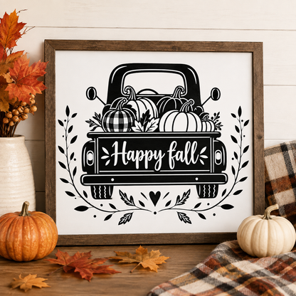 Happy Fall truck with pumpkins sublimation PNG design in black and white farmhouse style – JenCraft Designs digital download