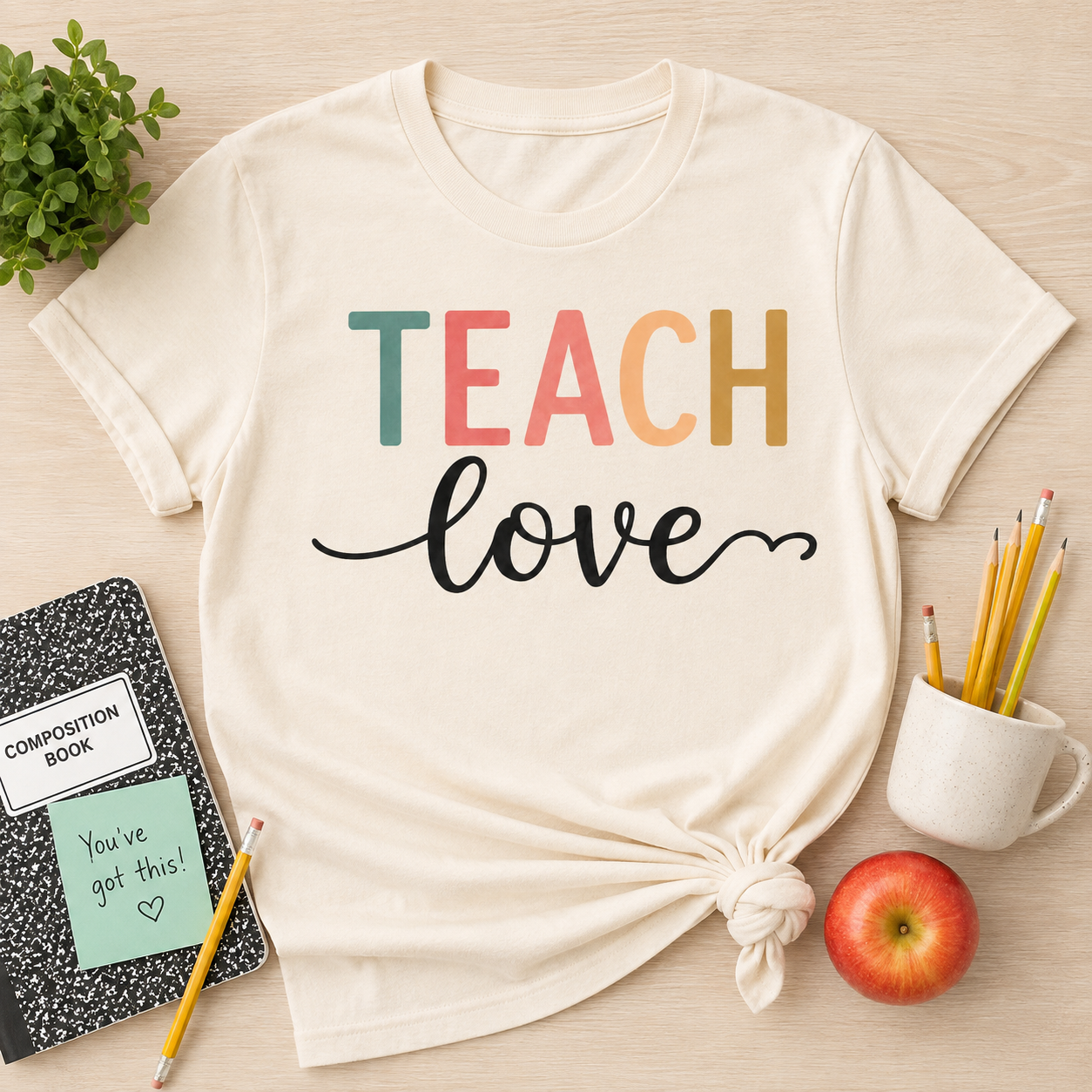 Teach Love colorful retro teacher sublimation PNG design on cream shirt – JenCraft Designs digital download