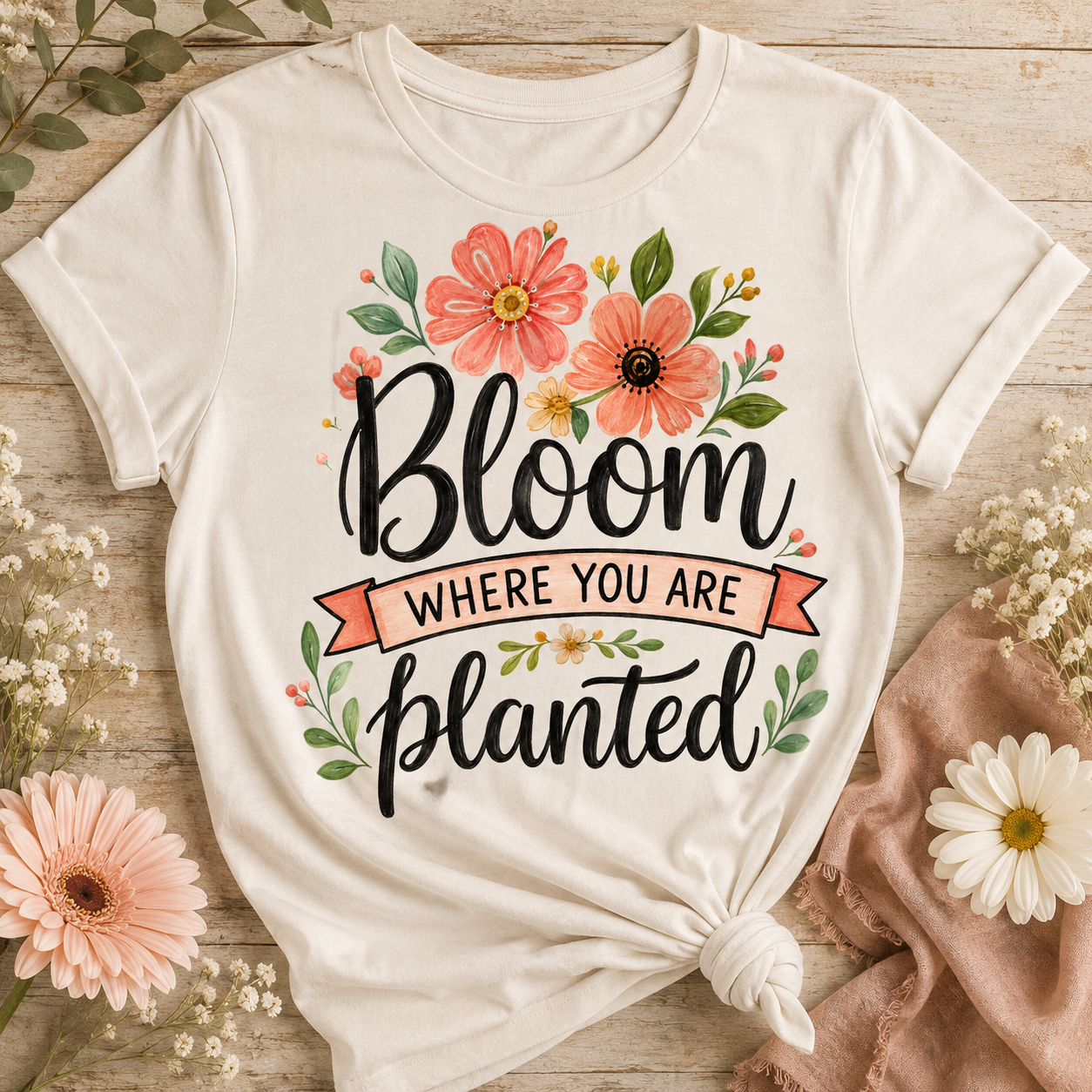 Bloom Where You Are Planted floral inspirational sublimation PNG design on white shirt – JenCraft Designs digital download