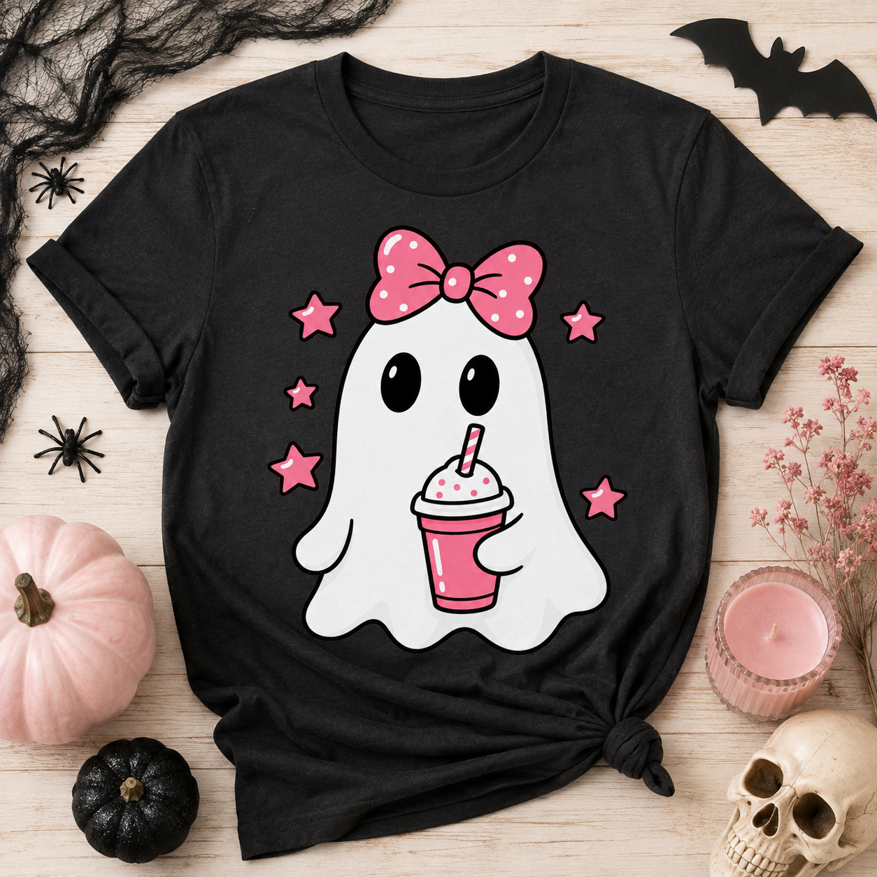 Coquette Halloween ghost PNG with pink polka dot bow and iced drink sublimation design on black shirt – JenCraft Designs digital download
