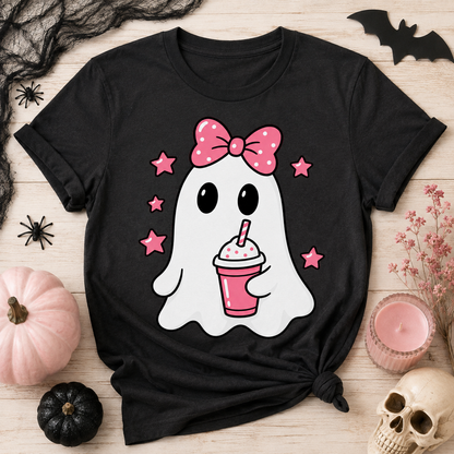 Coquette Halloween ghost PNG with pink polka dot bow and iced drink sublimation design on black shirt – JenCraft Designs digital download
