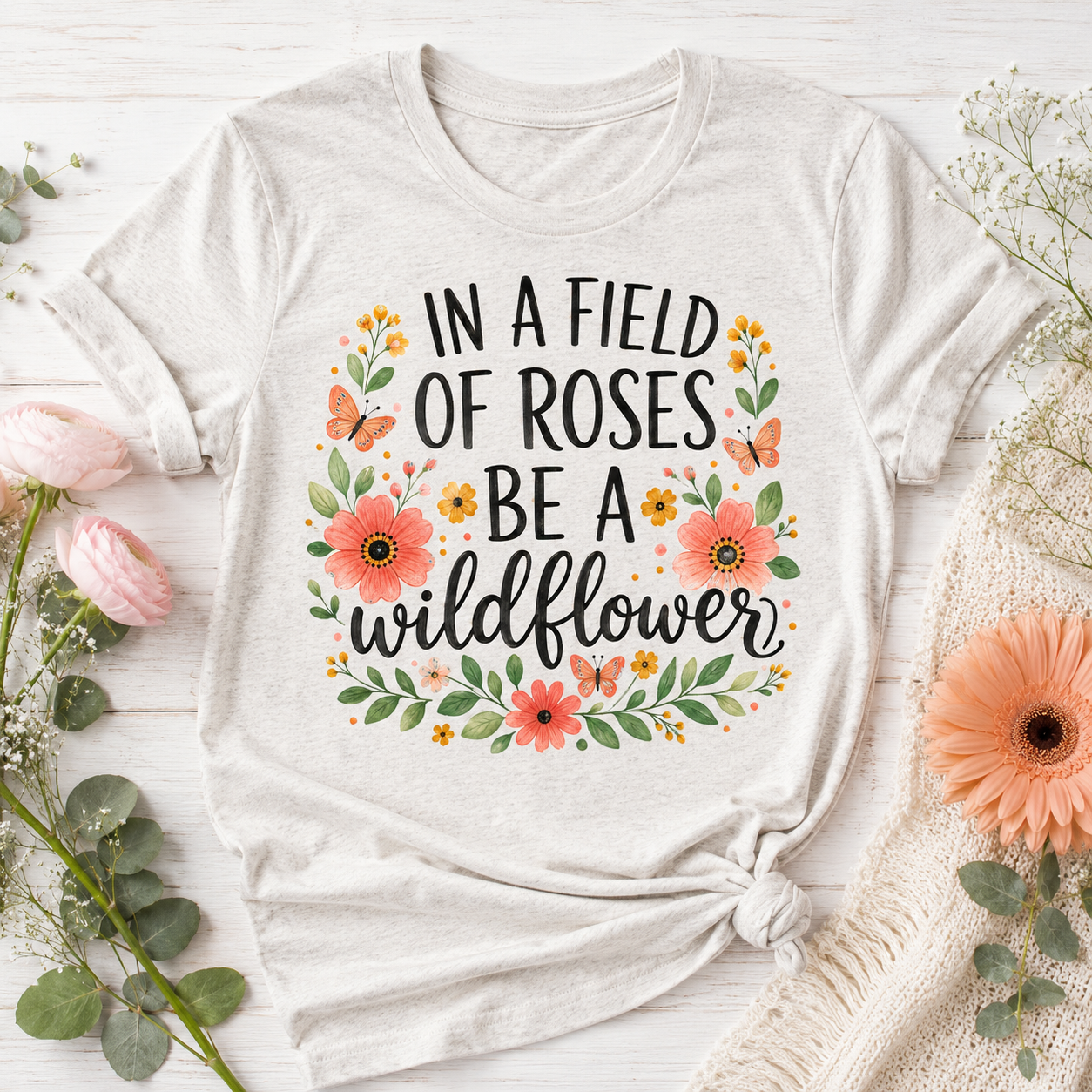 In a Field of Roses Be a Wildflower floral butterfly inspirational sublimation PNG design on white shirt – JenCraft Designs digital download
