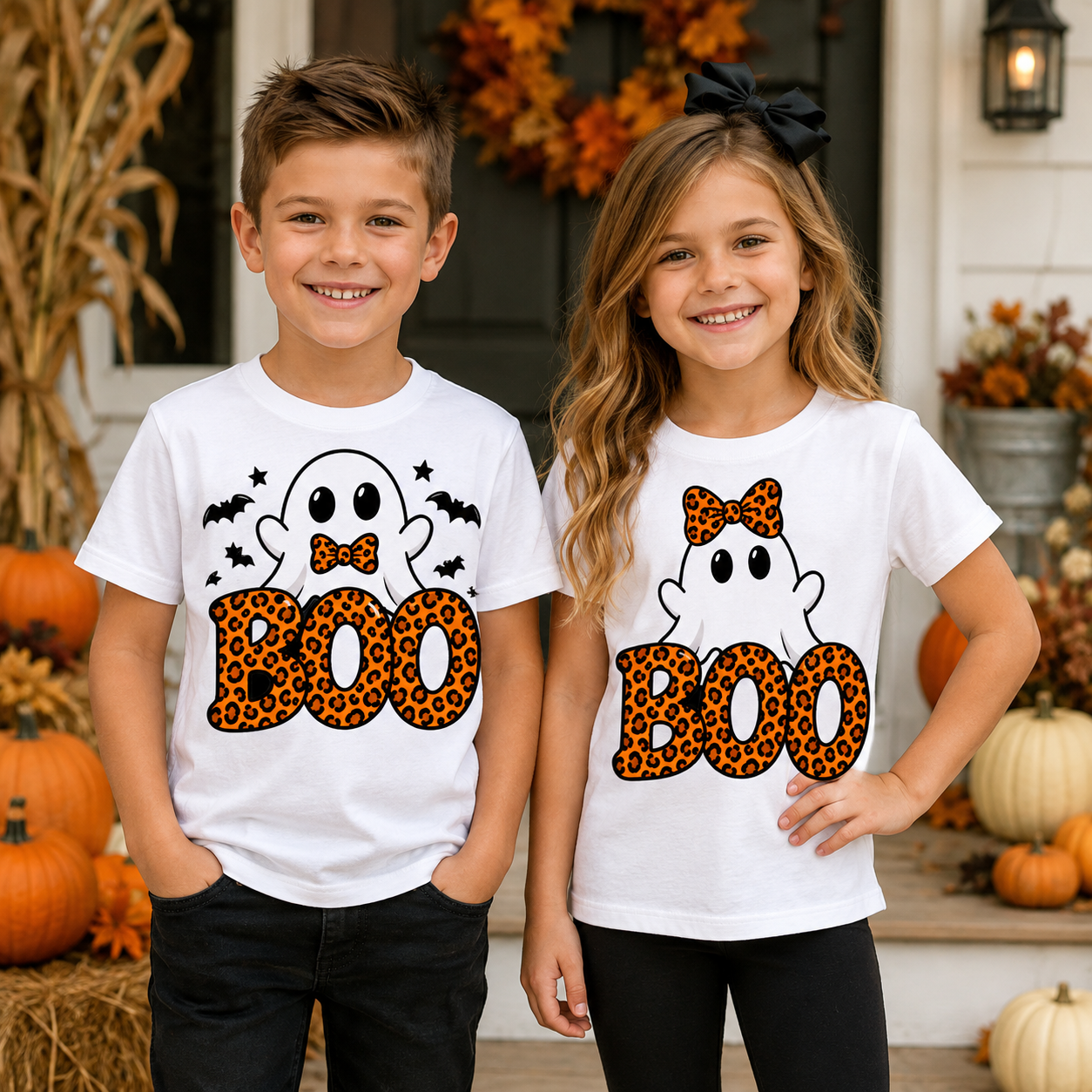 Kids Halloween Boo Ghost PNG boy and girl sublimation design with leopard print BOO lettering – JenCraft Designs digital download