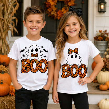 Kids Halloween Boo Ghost PNG boy and girl sublimation design with leopard print BOO lettering – JenCraft Designs digital download