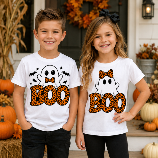 Kids Halloween Boo Ghost PNG boy and girl sublimation design with leopard print BOO lettering – JenCraft Designs digital download