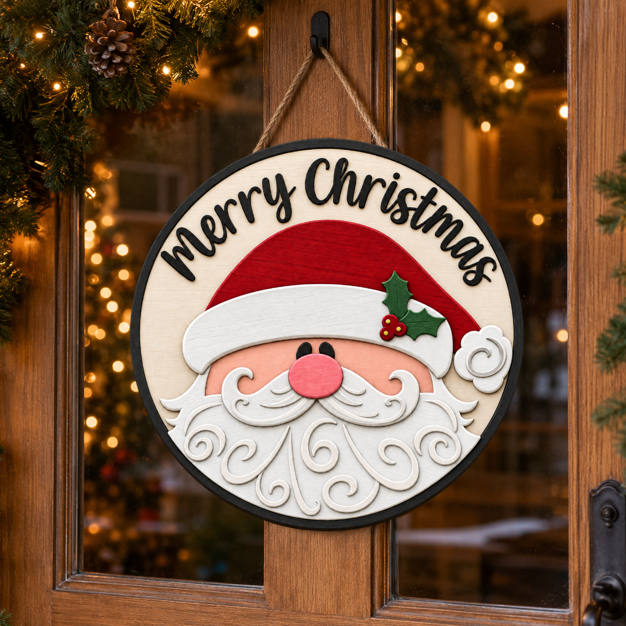Santa Claus Christmas Door Hanger SVG Layered Laser Cut Round Sign Merry Christmas – JenCraft Designs digital download