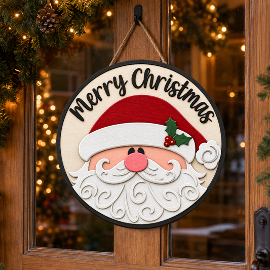 Santa Claus Christmas Door Hanger SVG Layered Laser Cut Round Sign Merry Christmas – JenCraft Designs digital download