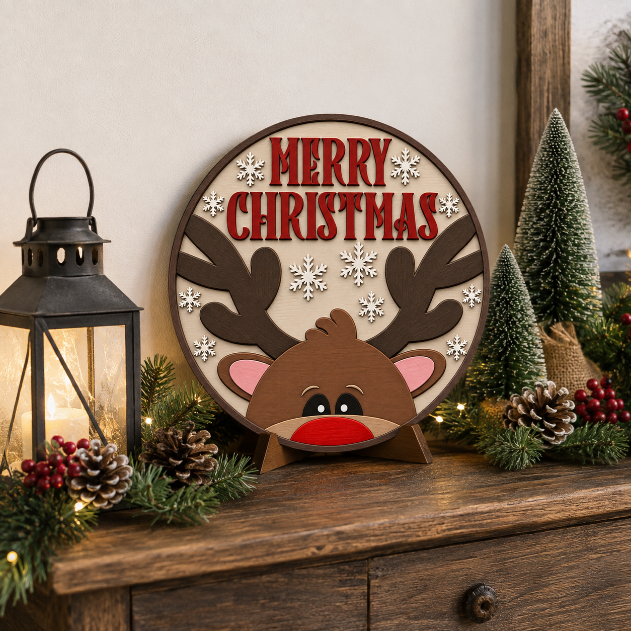 Merry Christmas layered reindeer round door hanger SVG laser cut sign mockup – JenCraft Designs digital download
