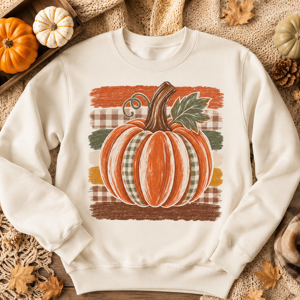 Plaid pumpkin PNG sublimation design with rustic brushstroke stripes and gingham accents – JenCraft Designs digital download