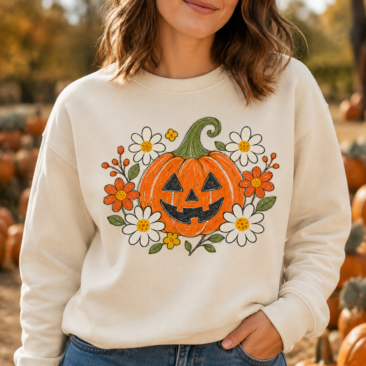 Daisy Floral Jack O Lantern PNG sublimation design on cream sweatshirt – JenCraft Designs digital download