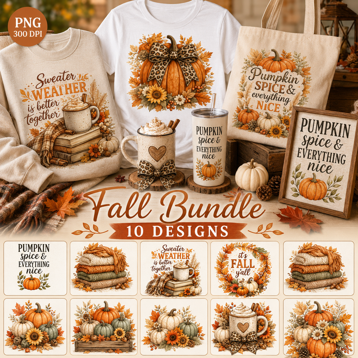 Fall Pumpkin Spice Sublimation Bundle 10 PNG designs with cozy sweaters, pumpkins, and leopard bow – JenCraft Designs digital download
