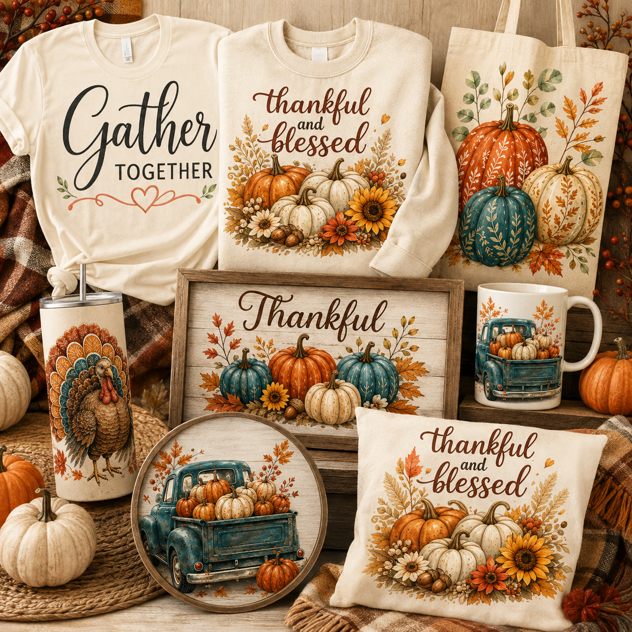 Thanksgiving Sublimation Bundle 8 PNG designs with gather together, thankful and blessed, turkey and vintage truck – JenCraft Designs digital download