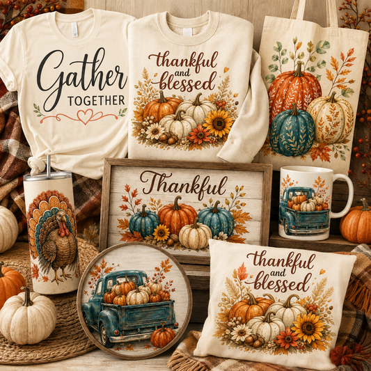 Thanksgiving Sublimation Bundle 8 PNG designs with gather together, thankful and blessed, turkey and vintage truck – JenCraft Designs digital download