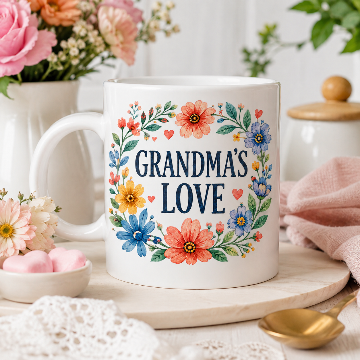Grandma's Love watercolor floral sublimation PNG design with coral daisies and navy text – JenCraft Designs digital download