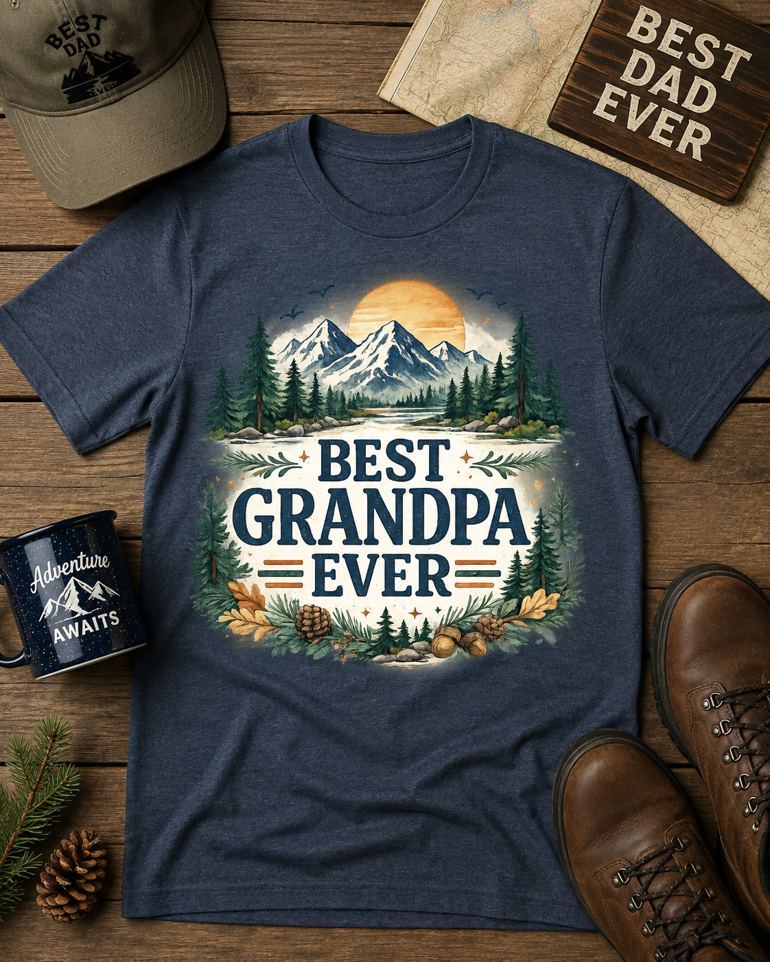Best Grandpa Ever outdoor mountain sublimation PNG design with pine trees, oak leaves and navy orange text – JenCraft Designs digital download