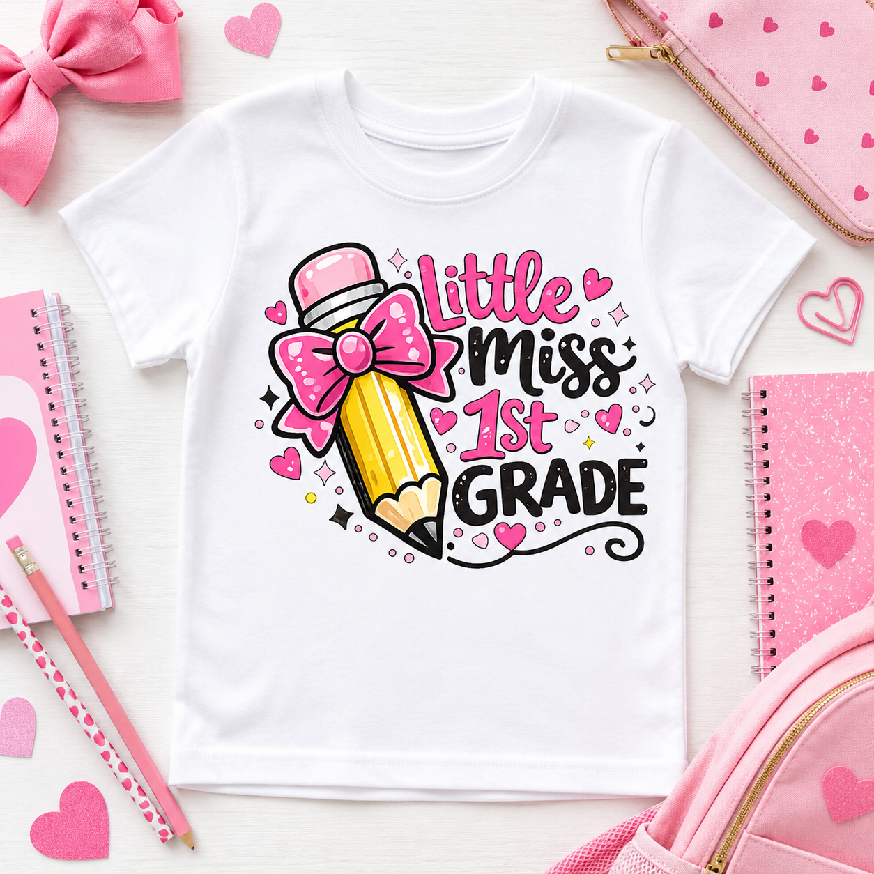 Little Miss 1st Grade pink bow pencil sublimation PNG design with hearts and sparkles – JenCraft Designs digital download