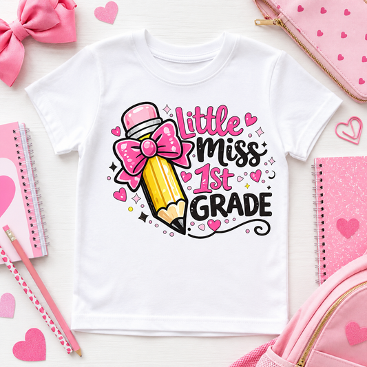 Little Miss 1st Grade pink bow pencil sublimation PNG design with hearts and sparkles – JenCraft Designs digital download
