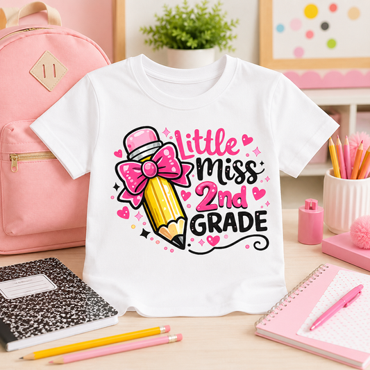 Little Miss 2nd Grade pink bow pencil sublimation PNG design with hearts and sparkles – JenCraft Designs digital download
