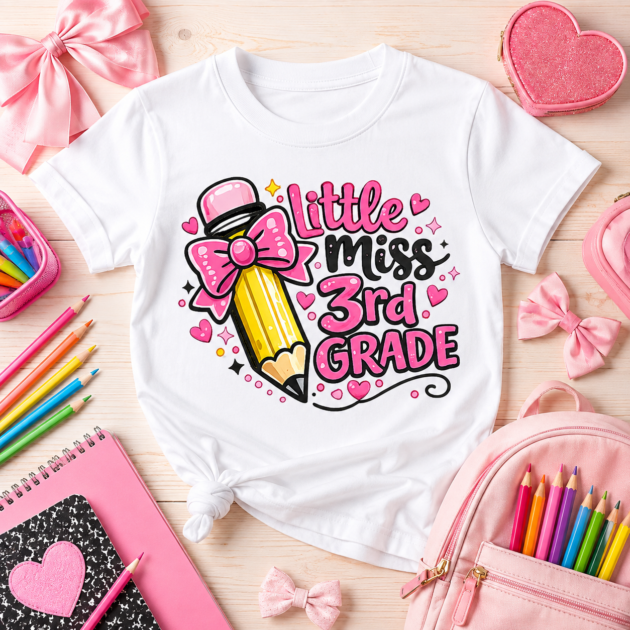 Little Miss 3rd Grade pink bow pencil sublimation PNG design with hearts and sparkles – JenCraft Designs digital download