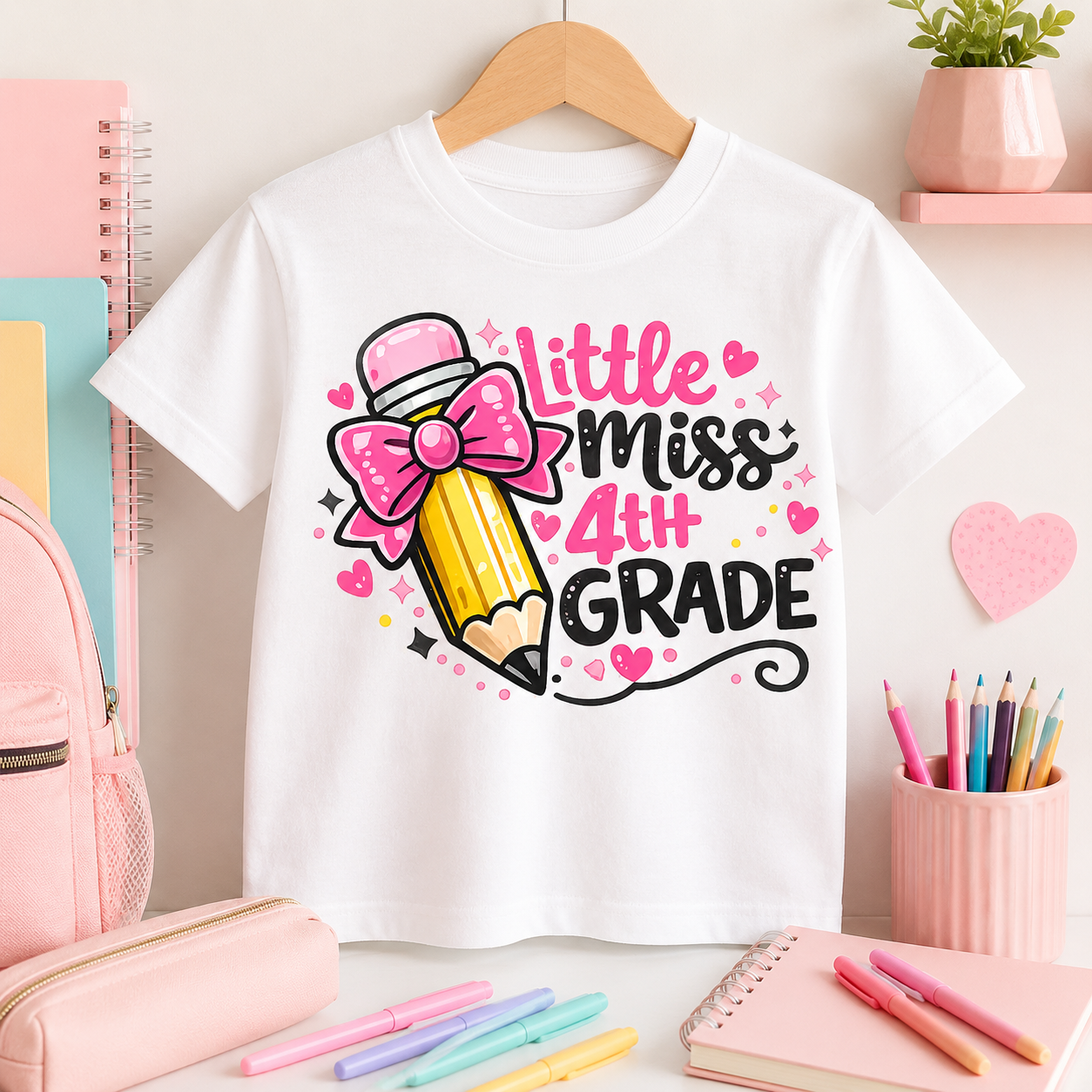 Little Miss 4th Grade pink bow pencil sublimation PNG design with hearts and sparkles – JenCraft Designs digital download