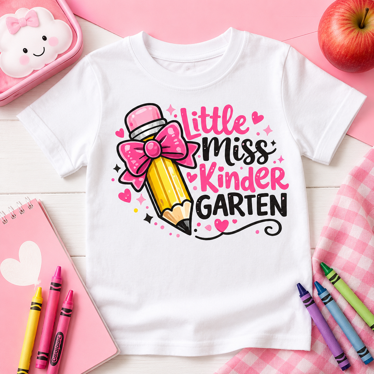 Little Miss Kindergarten pink bow pencil sublimation PNG design with hearts and sparkles – JenCraft Designs digital download