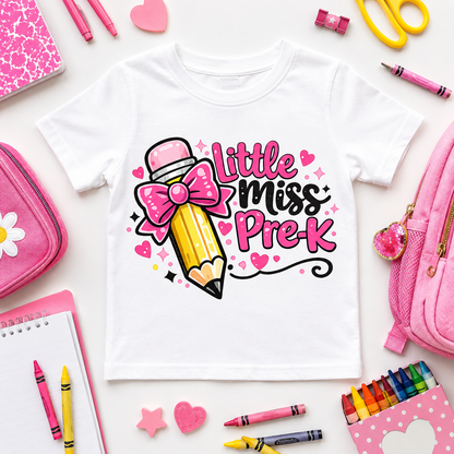 Little Miss Pre-K pink bow pencil sublimation PNG design with hearts and sparkles – JenCraft Designs digital download