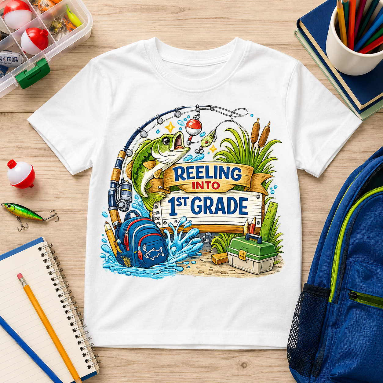 Reeling Into 1st Grade fishing sublimation PNG design with bass rod bobber and backpack – JenCraft Designs digital download