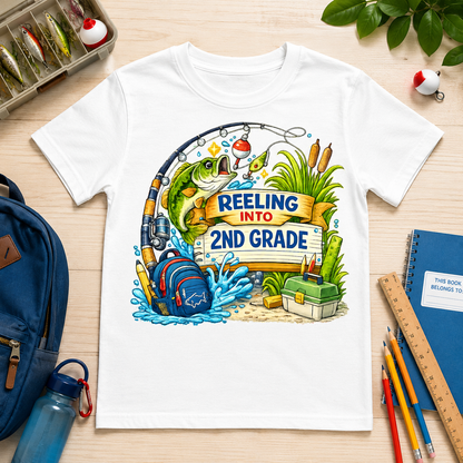 Reeling Into 2nd Grade fishing sublimation PNG design with bass rod bobber and backpack – JenCraft Designs digital download