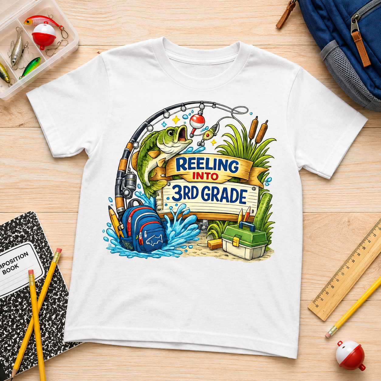 Reeling Into 3rd Grade fishing sublimation PNG design with bass rod bobber and backpack – JenCraft Designs digital download