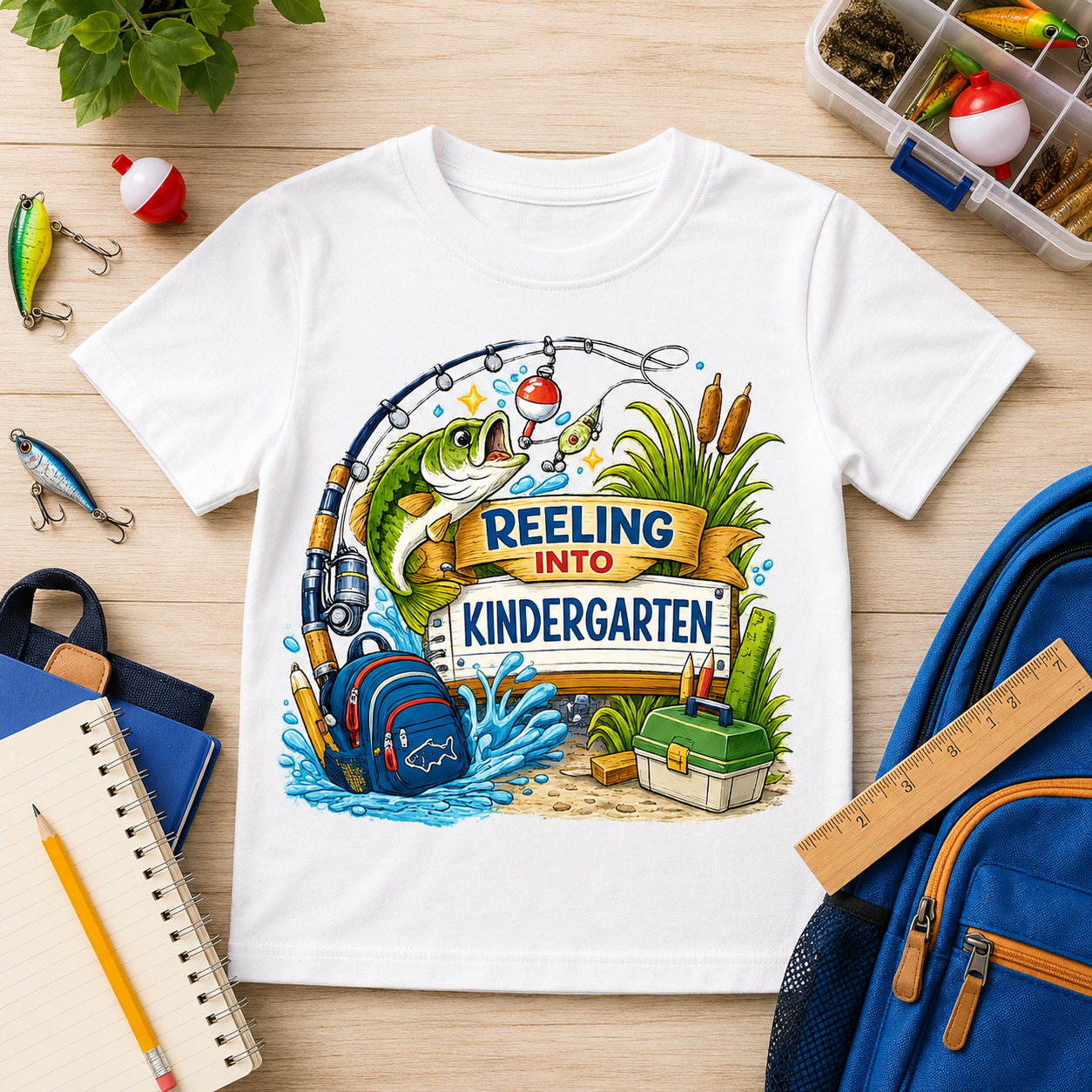 Reeling Into Kindergarten fishing sublimation PNG design with bass rod bobber and backpack – JenCraft Designs digital download