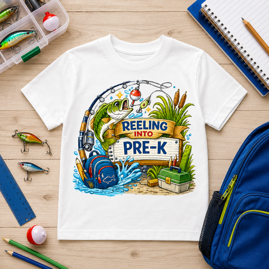 Reeling Into Pre-K fishing sublimation PNG design with bass rod bobber and backpack – JenCraft Designs digital download