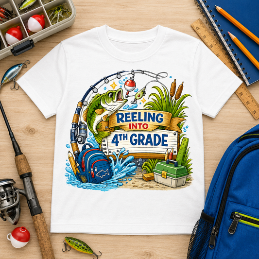 Reeling Into 4th Grade fishing sublimation PNG design with bass rod bobber and backpack – JenCraft Designs digital download