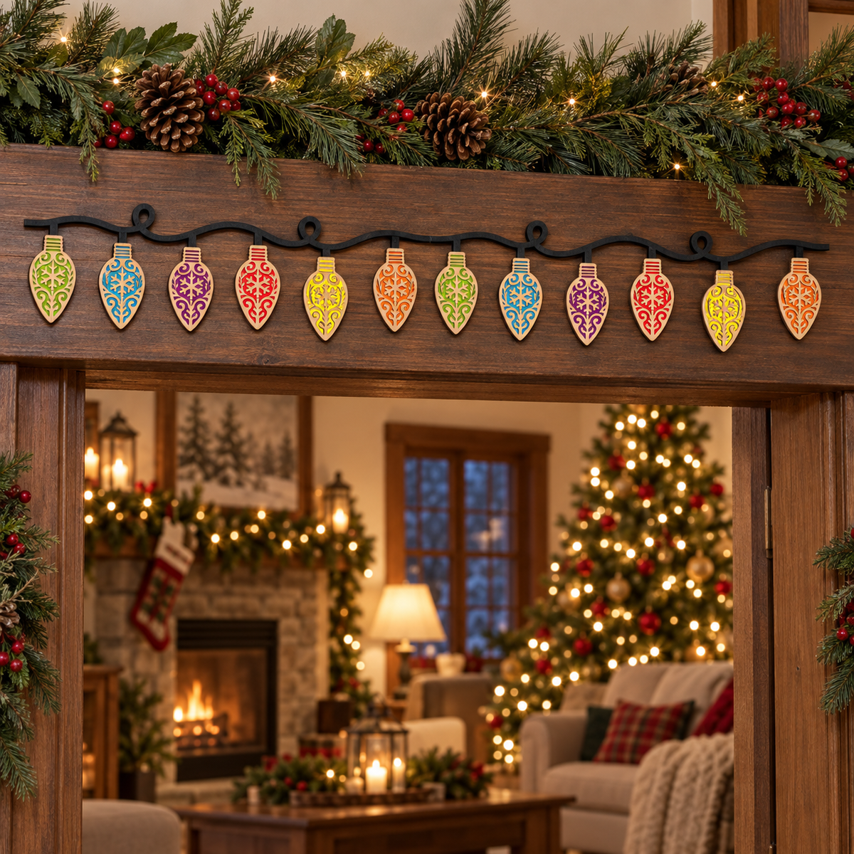 Christmas light bulb garland laser cut SVG — layered snowflake design with attached and separate bulb backers – JenCraft Designs digital download