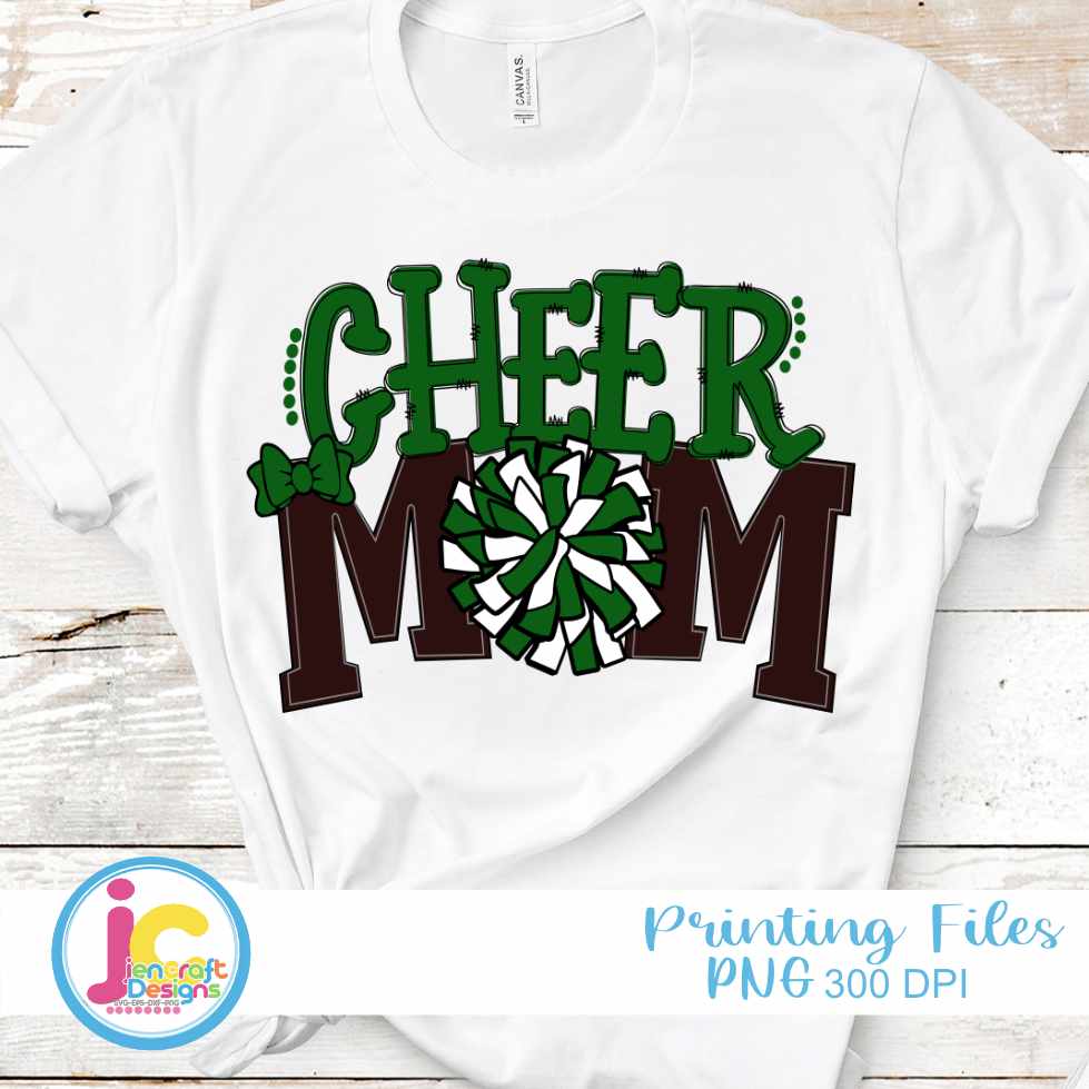 Cheer Mom Png | Green and White Cheerleader Pom Pom Png Sublimation File