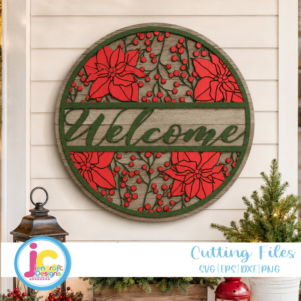 Christmas Welcome Porch Sign SVG EPS DXF PNG | Round Wood Door Sign - JenCraft Designs