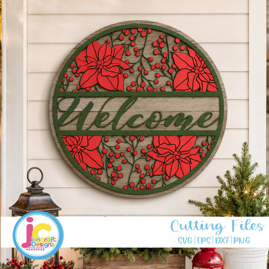 Christmas Welcome Porch Sign SVG EPS DXF PNG | Round Wood Door Sign - JenCraft Designs