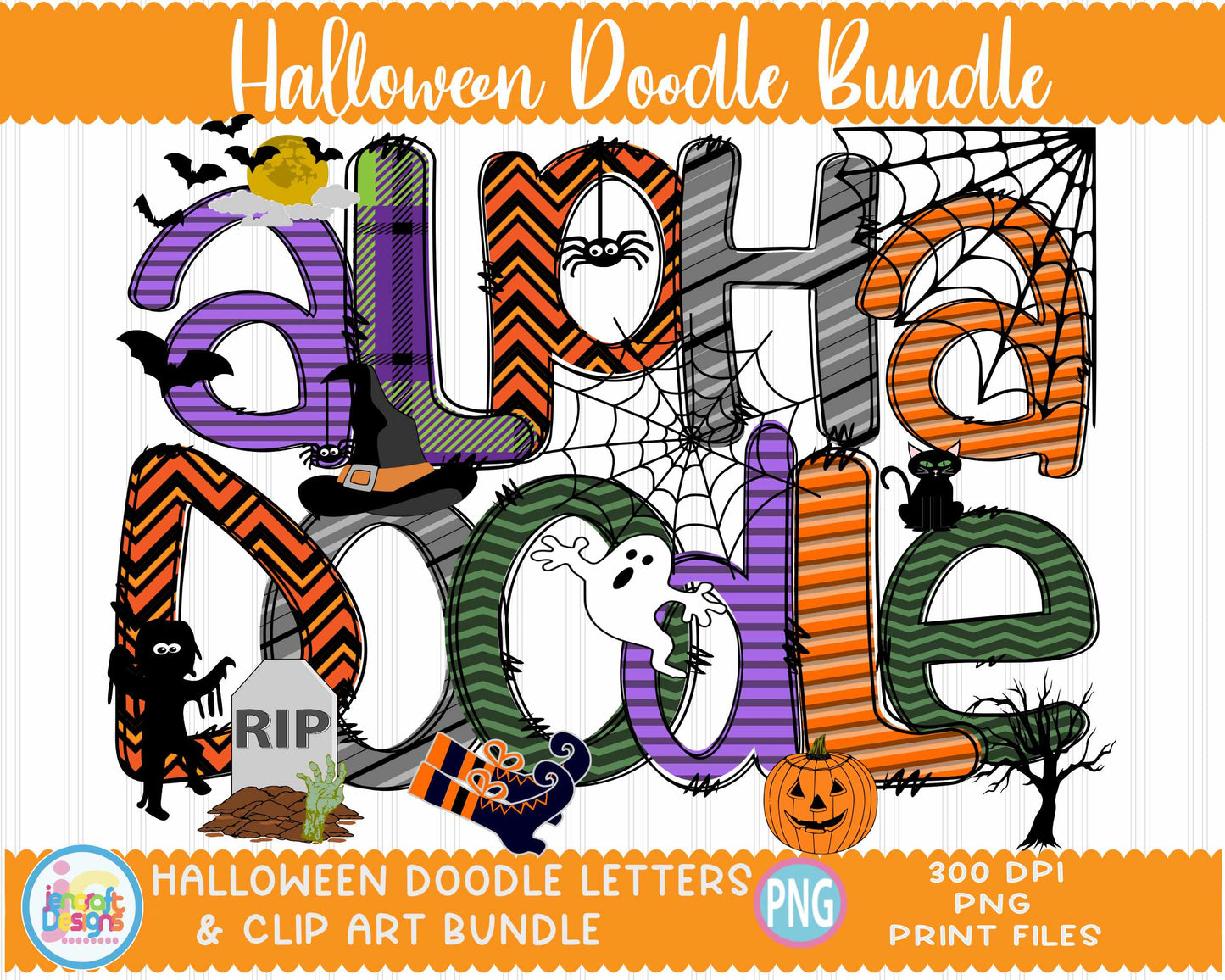 Halloween Alphabet Png | Halloween Doodle Letters Png Sublimation File