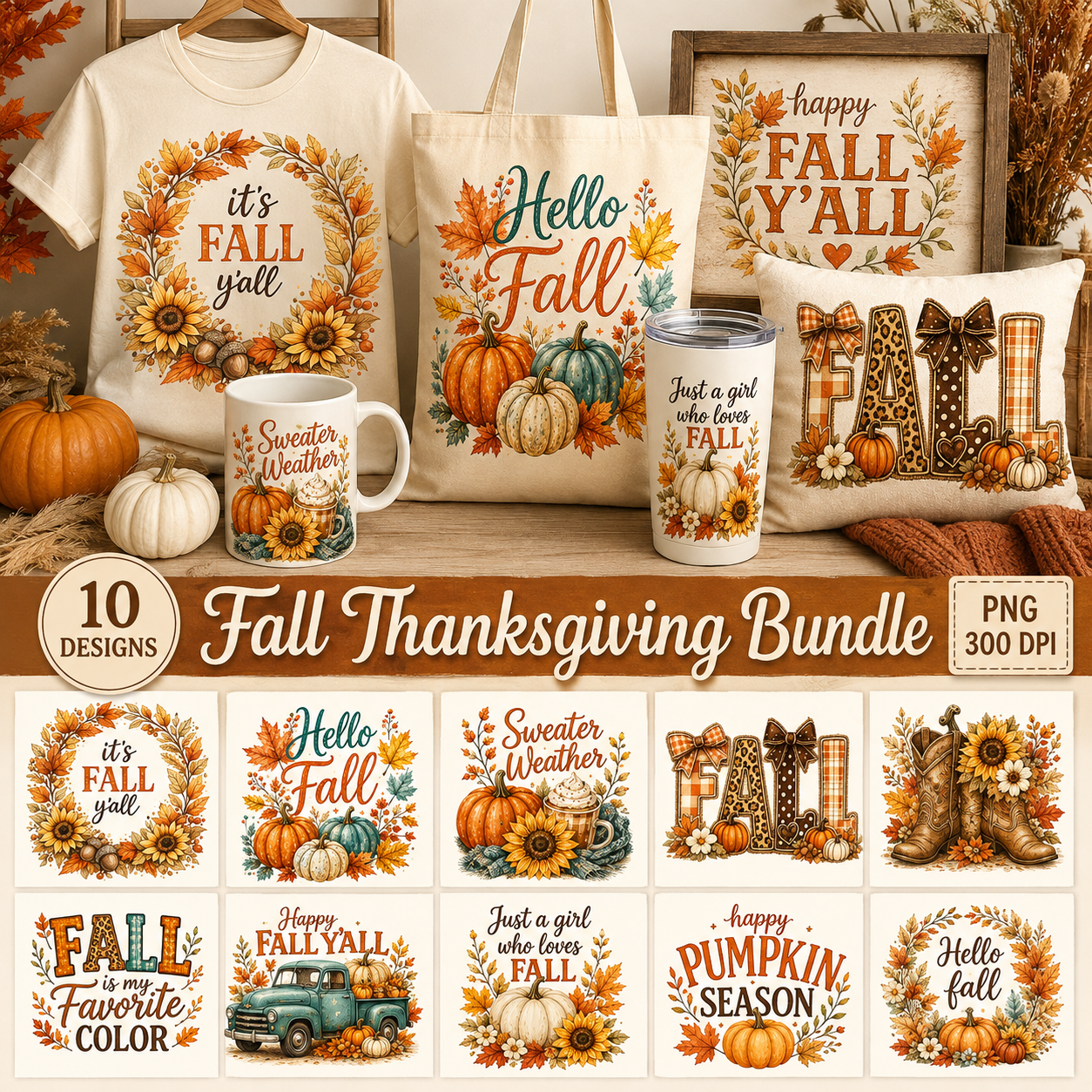 Fall Thanksgiving Sublimation Bundle 10 PNG designs including pumpkins, sunflowers, and fall lettering – JenCraft Designs digital download